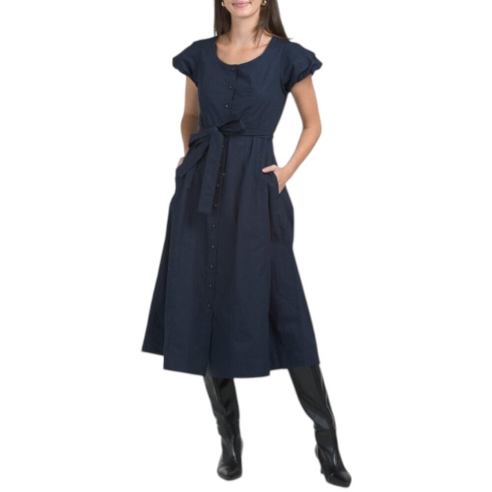 ELIE TAHARI Puff Sleeve Scoop Neck Button Down Midi Dress With Tie Belt